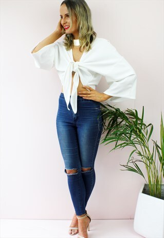 WHITE PLUNGE FRONT TIE PEASANT BOHO BLOUSE TOP