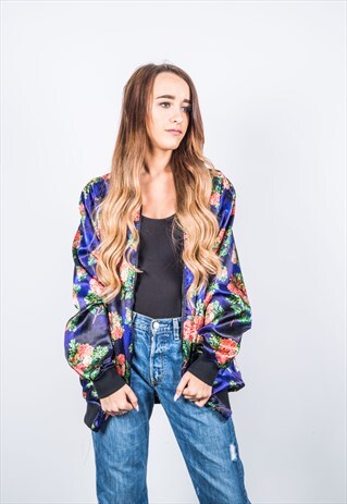 VINTAGE 1980S FESTIVAL BLUE PATTERNED BOMBER JACKET