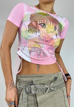 Vintage Y2k Top Anime Graphic Print Ruched Mesh Deadstock