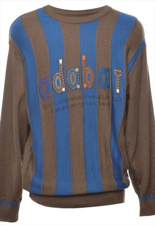 VINTAGE STRIPED BROWN & BLUE EMBROIDERED JUMPER - L