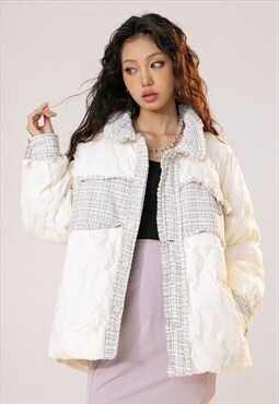 Patchwork bomber quilted utility jacket winter coat in white