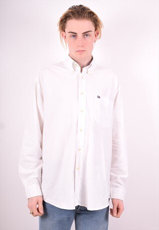 TOMMY HILFIGER MENS VINTAGE SHIRT LARGE WHITE 90'S