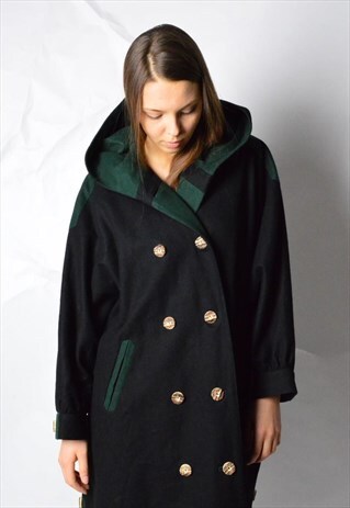VINTAGE 90S BLACK DARK GREEN WOOL HOODED CAPE COAT
