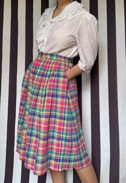 Vintage 80s midi multicoloured plaid tartan skirt, Uk12/14