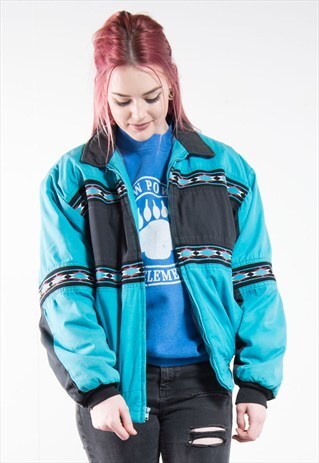 90'S BLUE AZTEC PATTERNED BOMBER JACKET