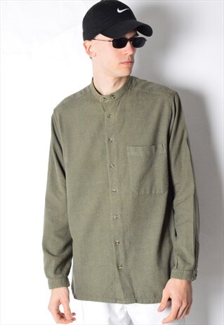 VINTAGE 90S KHAKI MINIMALIST COLLARLESS LONG SLEEVE SHIRT