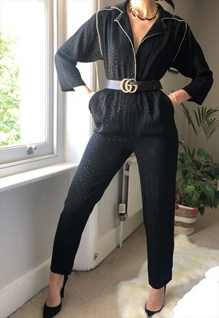 1970S BLACK JUMPSUIT IN BLACK SATIN WITH GOLD TRIM