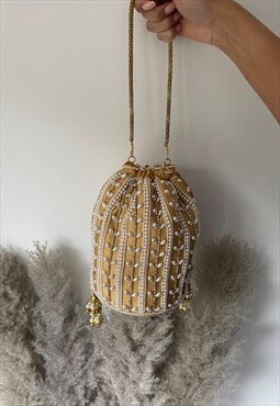 Gold Pearl Embroidered Drawstring Pouch/Bucket Bag