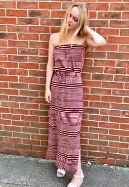 Red Striped Strapless Bandeau Maxi Dress
