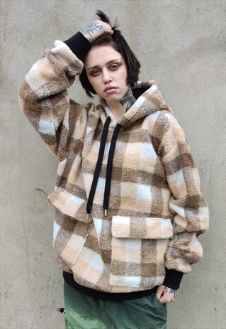 LOOSE FIT OVERSIZED PREMIUM QUALITY FLEECE HOODIE IN CHECK
