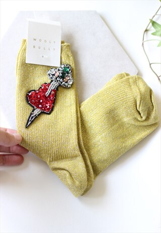MUSTARD LUREX HEART EMBELLISHED SOCKS