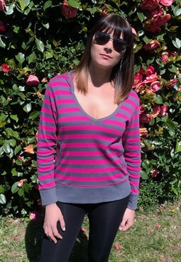 Pink & Grey Striped Jersey Hooded Lounge Top