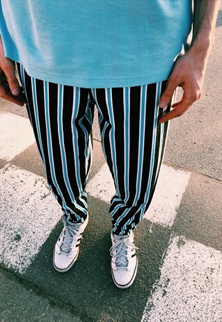 VINTAGE 80S BLACK BLUE STRIPED PANTS