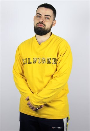 VINTAGE MENS TOMMY HILFIGER 90S LONGSLEEVES BIG LOGO YELLOW