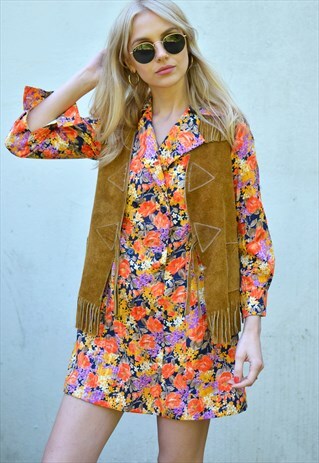 VINTAGE 70S TAN BROWN SUEDE FRINGE TASSEL FESTIVAL WAISTCOAT