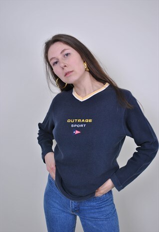 90S USA BLACK SWEATSHIRT, VINTAGE VNECK LONGSLEEVE JUMPER