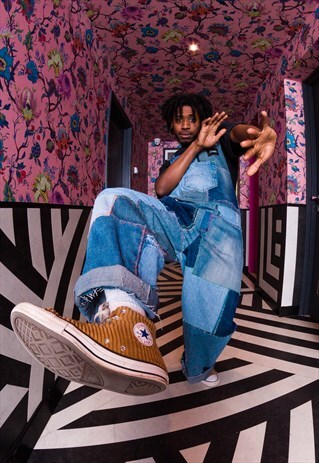 JUST HARRY OVERSIZED PATCHWORK DUNGAREES IN REWORKED DENIM