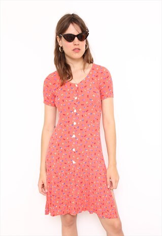 VINTAGE 90S ORANGE FLORAL PRINT DRESS