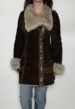 Vintage y2k afghan Penny Lane coat fur lining brown suede 