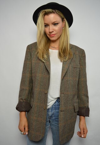 VINTAGE 80S OVERSIZED BROWN TWEED BLAZER JACKET PREPPY RETRO