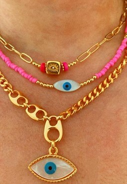Eleni Pink Beaded Evil Eye Necklace