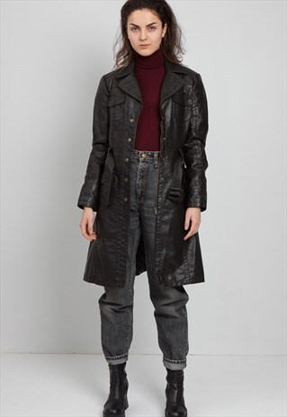 VINTAGE BLACK LEATHER TRENCH COAT