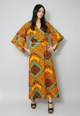 70's Vintage Ladies Yellow Kaftan Cotton Kimono Maxi Dress