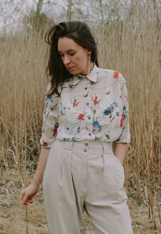 COTTON SHIRT REGLAN SLEEVE VINTAGE FLORAL PATTERN PRINTED