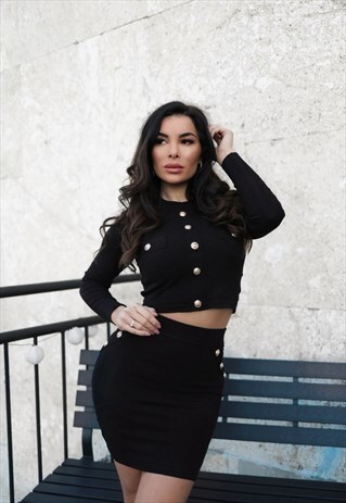 BLACK TWO PIECE RETRO SET WITH GOLD BUTTONS