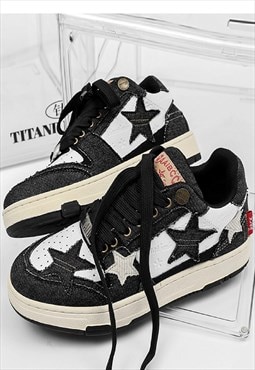 Star patch sneakers chunky platform skater shoes in black