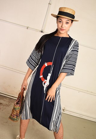 70'S RETRO NAUTICAL PARIS CHIC FESTIVAL MIDI DRESS