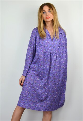 VINTAGE 70S PURPLE PATTERN OVERSIZED BOHO MIDI SMOCK DRESSS