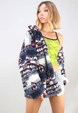 VINTAGE 90S OVERSIZED ZIP UP PATTERNED TEDDY FLEECE