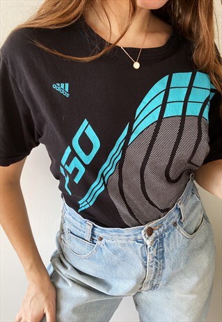 VINTAGE Y2K 00S ADIDAS LOGO GRAPHIC TOP T-SHIRT TEE BLACK