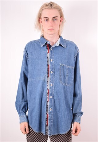TOMMY HILFIGER MENS VINTAGE DENIM SHIRT LARGE BLUE 90S