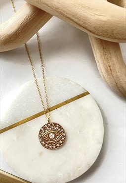 Gold Diamante Evil Eye Coin Dainty Pendant Necklace