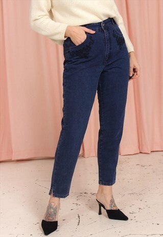 VINTAGE 90S HIGH WAISTED BLUE JEANS WITH EMBROIDERY 32W28