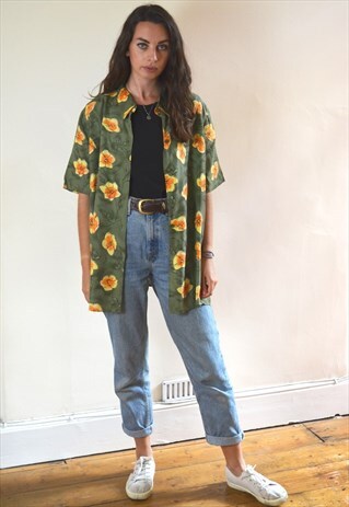 90S VINTAGE ABSTRACT GREEN FLOWER PRINTED FESTIVAL SHIRT