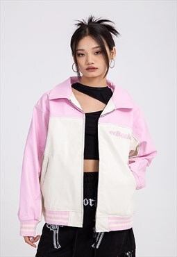 Contrast panel varsity jacket faux leather retro bomber pink
