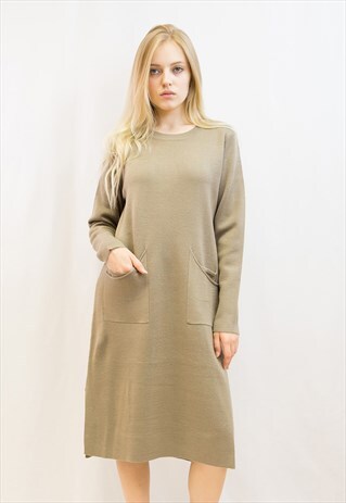 Fine knit oversized relaxed fit tunic jumper dress in beige