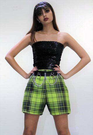 HIGH WAIST TARTAN CHECK SHORT IN GREEN