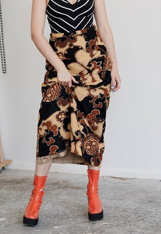 VINTAGE 70S BOHO ARTSY BOLD PATTERN MAXI WOMEN SKIRT UK10