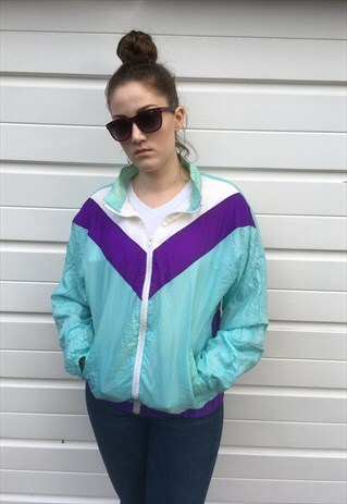 WOMENS VINTAGE 80S BLUE PATTERNED SHELL SUIT JACKET ZIPPER