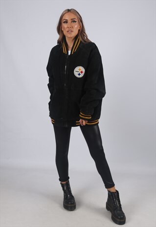 VINTAGE NFL SUEDE BOMBER JACKET OVERSIZED FOOTBALL (4AD)