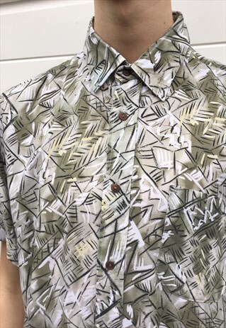 MENS VINTAGE 80S SHIRT GREEN ABSTRACT AZTEC HAWAIIAN SHIRT