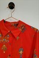 80S VINTAGE RED BAROQUE PRINT LONG SLEEVE SHIRT SIZE 10-12