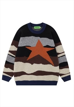 Landscape print sweater fluffy star jumper retro top brown