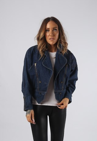 VINTAGE DENIM JACKET CROPPED EMBROIDERED UK 10 SMALL (JRBV)