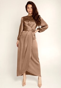 Brown Tie Front Wrap Puff Sleeve Abaya Maxi Dress