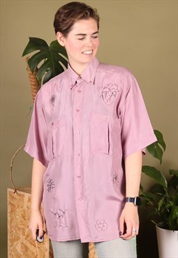 Vintage Shirt Pink Line Drawing Embroidery